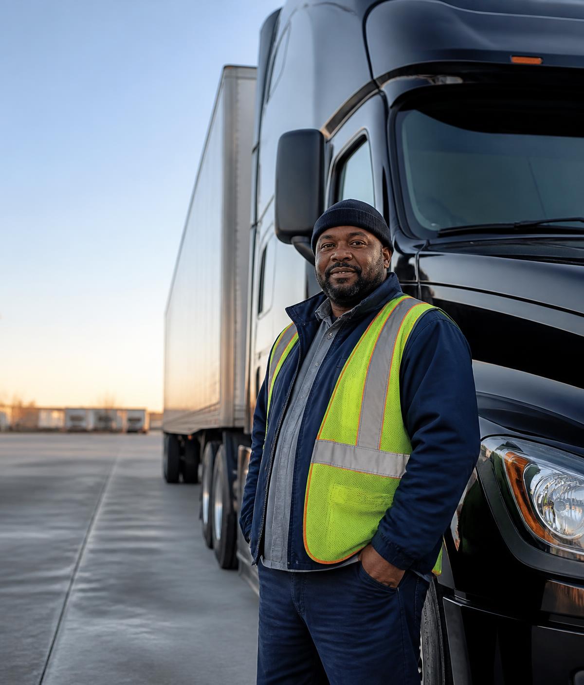 Professional truck driver beside a semi-truck