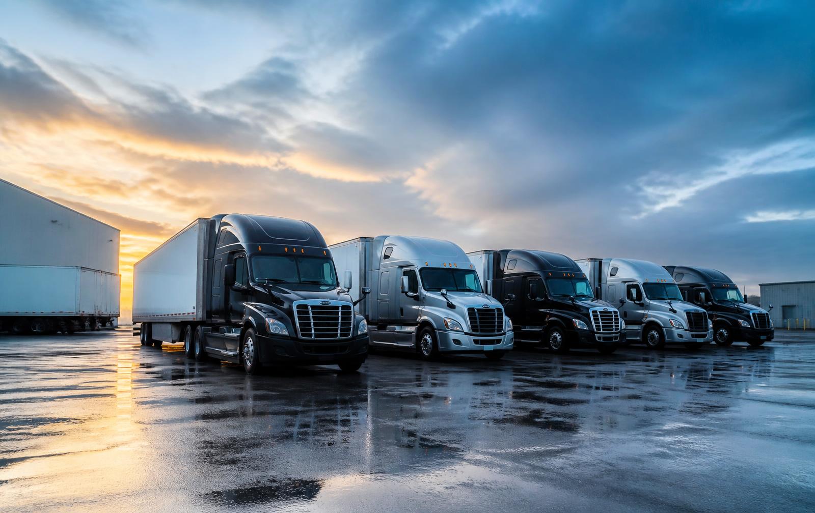 Lineup of modern American semi-trucks and dry van trailers